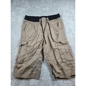 Carbon Mens Cargo Shorts Brown Khaki Size 31 Elastic Waist Drawstring Cotton